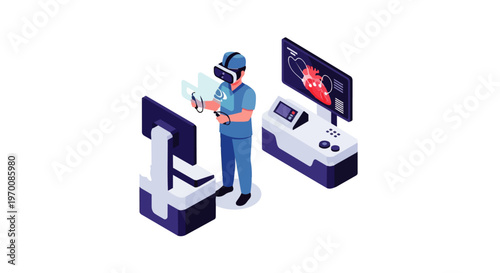 Isometric Illustration of a Surgeon Wearing a VR Headset for Heart Surgery Simulation and Medical Training in a Futuristic Healthcare Environment