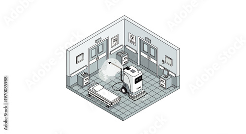 Autonomous Disinfection Robot Cleaning Hospital Room Isometric Line Art Illustration