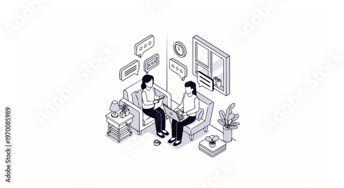 Isometric line art illustration of two women collaborating or having a counseling session with laptop and tablet in a cozy home office setting.
