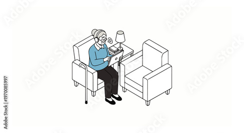 Isometric Illustration of a Senior Woman Using a Digital Tablet and Headphones at Home. Elderly Grandmother Learning Technology and Communicating Online.