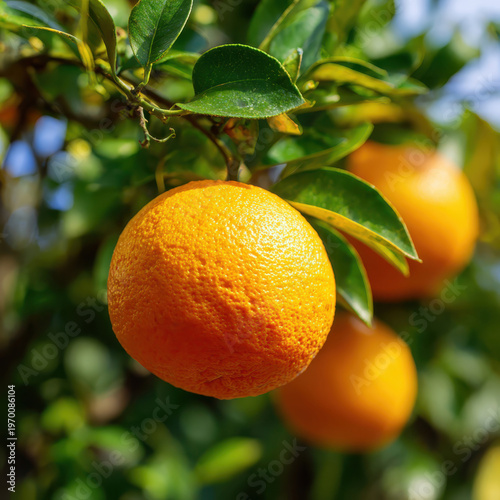 close-up of a ripe orange hanging from a tree branch surrounded by green leaves with sunlight highlighting its textured peel and natural freshness in an outdoor orchard setting