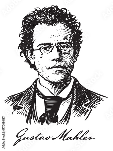 Handcrafted Portraits inspired Gustav Mahler Composers Classical Music Vienna Ink drawing, Vector | isolated on transparent background