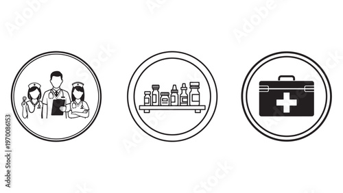 Medical team, pharmacy medications, and first aid kit icons set, representing healthcare services and emergency assistance in a minimalist black and white design.