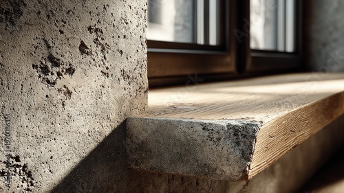 Modern Minimalist Window Ledge with Raw Concrete and Wood Texture
