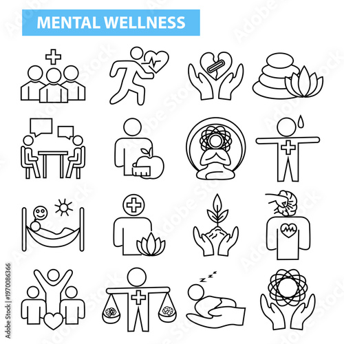 Mental Wellness Line Icon Collection – Psychology, Therapy, Mind Care, Emotional Support, Minimal Outline Set