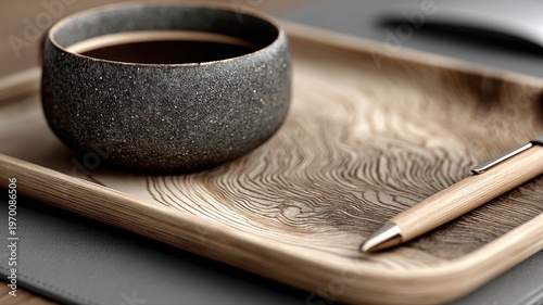 Elegant dark bowl on wooden tray with pen and smooth texture background