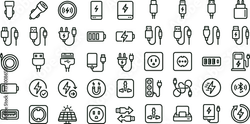 Charging connector types outline icon set featuring electric vehicle plug adapters cable compatibility symbols for apps websites dashboards presentations interface design