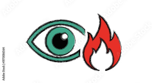 Green eye with flame symbol.