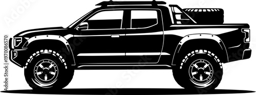 Black pickup truck vector, side view illustration, automotive design element, isolated on white