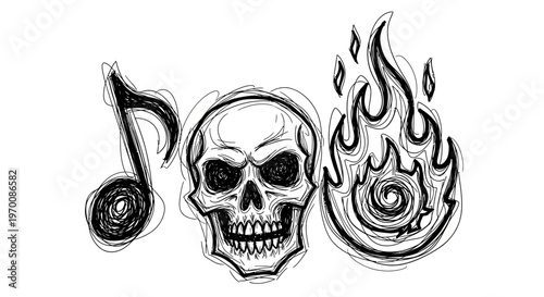 Skull with music note and flames.