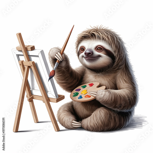 Artist sloth painting on easel creative cute illustration