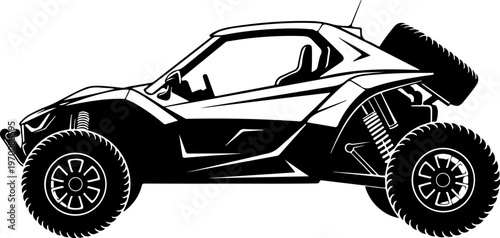 Black and white dune buggy vector, off-road vehicle illustration, side view, monochrome design