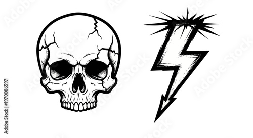 Skull with cracked surface and lightning.
