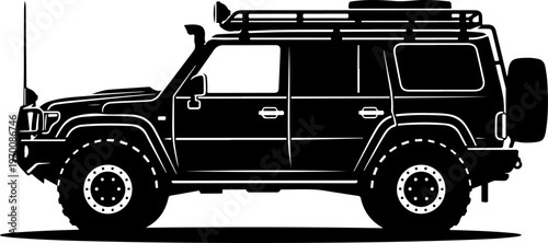 Black SUV, off-road vehicle, 4x4 car, silhouette illustration, monochrome design