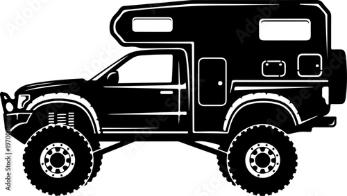 Black camper truck, vector off-road vehicle, 4x4 camper van, outdoor adventure icon