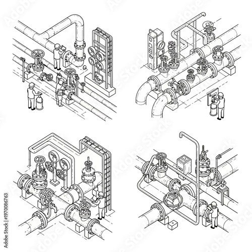 Isometric Line Art of Industrial Piping Systems with Workers.