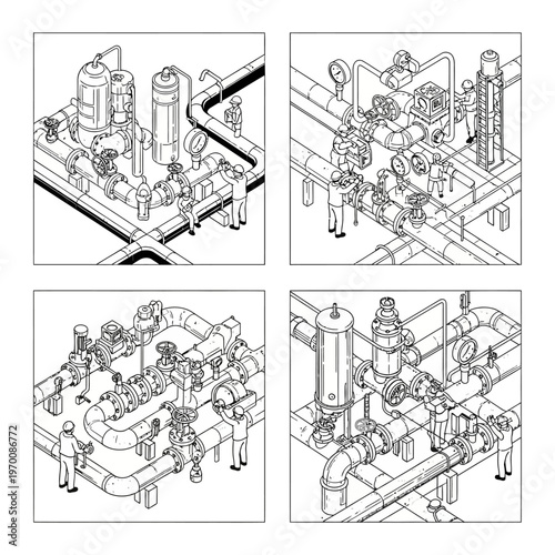 Isometric view of industrial piping systems with valves and gauges, featuring workers performing maintenance tasks.