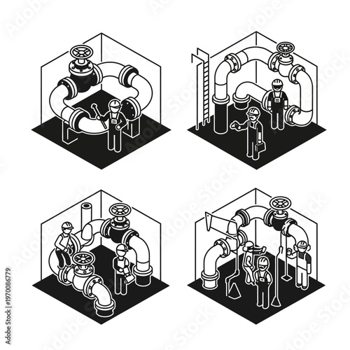 Isometric view of industrial workers maintaining large pipe systems with valves.