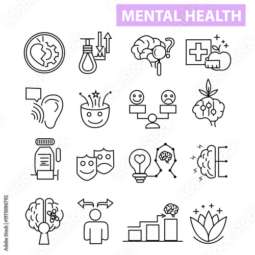 Mental Wellness Line Icon Collection – Psychology, Therapy, Mind Care, Emotional Support, Minimal Outline Set