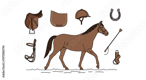 A graceful brown horse walks across a sandy ground surrounded by essential equestrian equipment like a leather saddle, protective helmet, and a silver horseshoe.