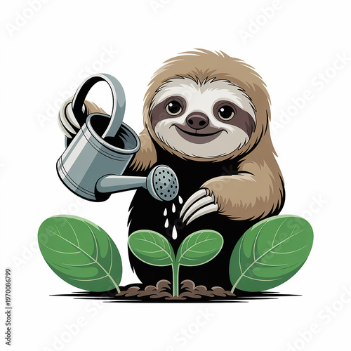 Gardener sloth watering plants eco garden illustration