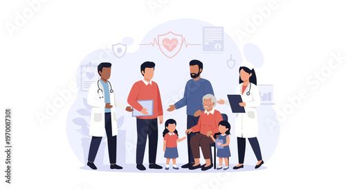 A diverse team of healthcare professionals consulting with a multi-generational family, including elderly and children, in a community clinic setting with protective icons overhead
