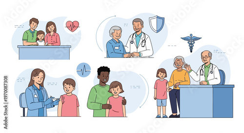 Vector illustration showing a community health clinic with diverse people receiving vaccinations and consultations from doctors, conveying a sense of family doctor awareness and public