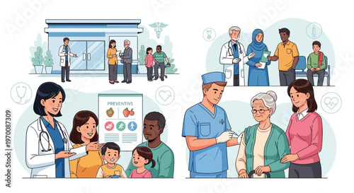 Vector illustration showcasing community healthcare with a doctor vaccinating an elderly woman as her daughter looks on, alongside scenes of consultations, family health support