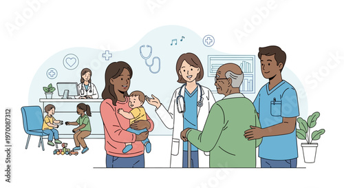 A vector illustration depicts a community clinic scene with a family doctor consulting with an elderly patient and a mother holding her child, emphasizing family healthcare and public
