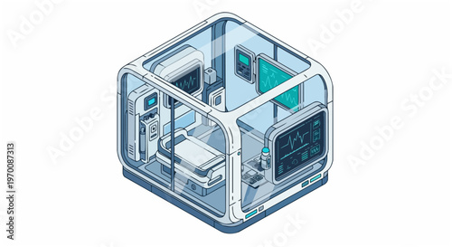 Isometric Futuristic Medical Pod with Advanced Patient Monitoring Screens and Healthcare Technology Capsule