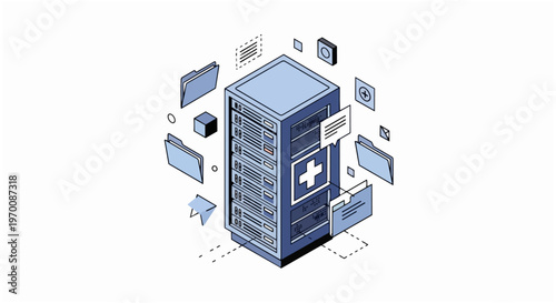 Isometric Medical Data Server Illustration for Digital Healthcare Informatics and Secure Patient Record Management