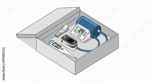 Isometric Medical Kit Illustration with Blood Pressure Monitor, Pulse Oximeter, and Digital Thermometer