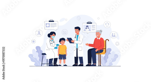 Vector illustration of a community healthcare team providing medical consultation to an elderly woman and child in a community clinic, with a friendly and supportive atmosphere