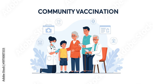 Vector illustration depicting a community healthcare outreach program with a doctor vaccinating a child, while an elderly couple stands nearby, all against a clean background promoting