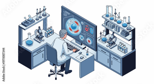 Isometric Illustration of a Scientist Analyzing Biological Cells and Viruses in a Modern Laboratory Research Facility