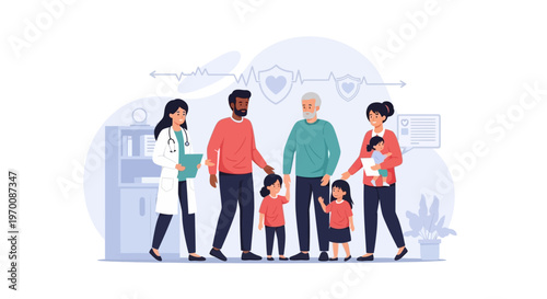 An illustrative vector design features a diverse family consulting with a doctor in a community clinic, emphasizing family doctor awareness and public health outreach with teamwork