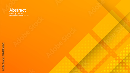 Abstract orange gradient background with overlapping square shapes and halftone dots.
