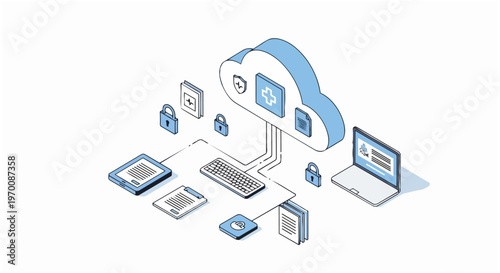 Isometric Illustration of Secure Healthcare Cloud Computing and Digital Medical Records for Modern Health Data Management