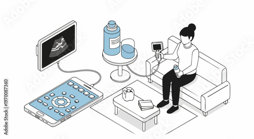 Woman Performing Self-Ultrasound Scan at Home Using Portable Medical Technology and Smartphone App for Telemedicine Illustration