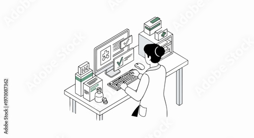 Isometric Illustration of a Female Pharmacist Working on a Computer in a Medical Office with Medicine and Prescriptions