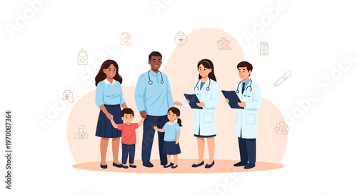Vector illustration showcasing a diverse community health care team, including doctors consulting with a family of four, set against a clean white background with light peach icons