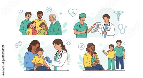 An illustration depicts community healthcare with a doctor consulting with patients, including families, children, and elderly individuals, alongside vaccination scenes and teamwork