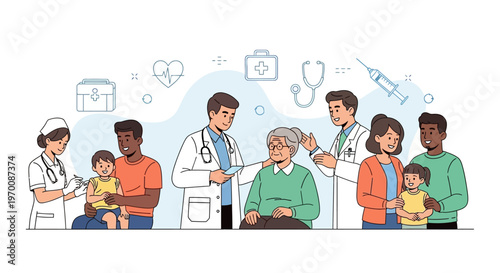 Illustration depicting community healthcare with doctors consulting diverse people, including elderly, children, and families, receiving vaccinations, set against a clean, bright background