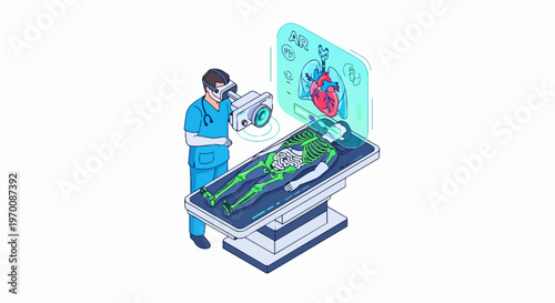 Isometric Medical Technology Illustration: Surgeon Wearing AR VR Headset Examining Patient with Augmented Reality Anatomical Projection for Modern Healthcare and Surgery