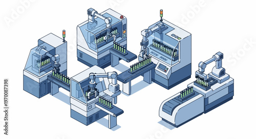 Automated Laboratory Robotic Arms Processing Test Tubes on Conveyor Belts Isometric Illustration for Biotechnology and Pharmaceutical Research