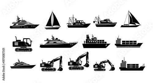 Black silhouettes of boats and excavators.