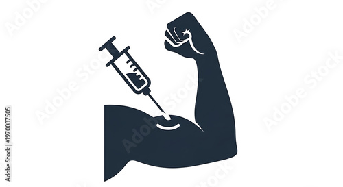 Muscular arm with syringe injecting medicine or vaccine, symbolizing health and wellness, fitness and immunity, medical treatment concept