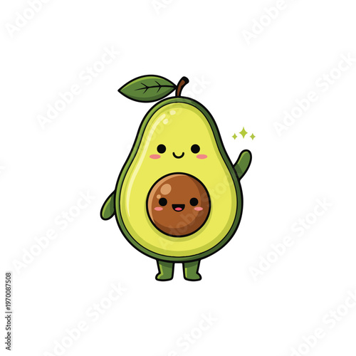 Kawaii cartoon illustration of a halved avocado character with a smiling face and a happy pit friend, featuring a green leaf, waving arm, and tiny legs on a white background.