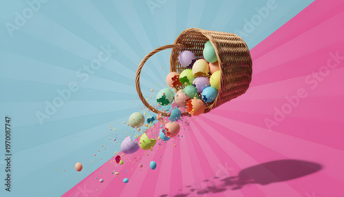 Easter eggs in the basket on blue wooden background