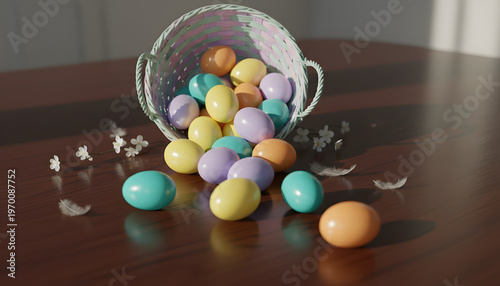 Easter eggs in the basket on blue wooden background